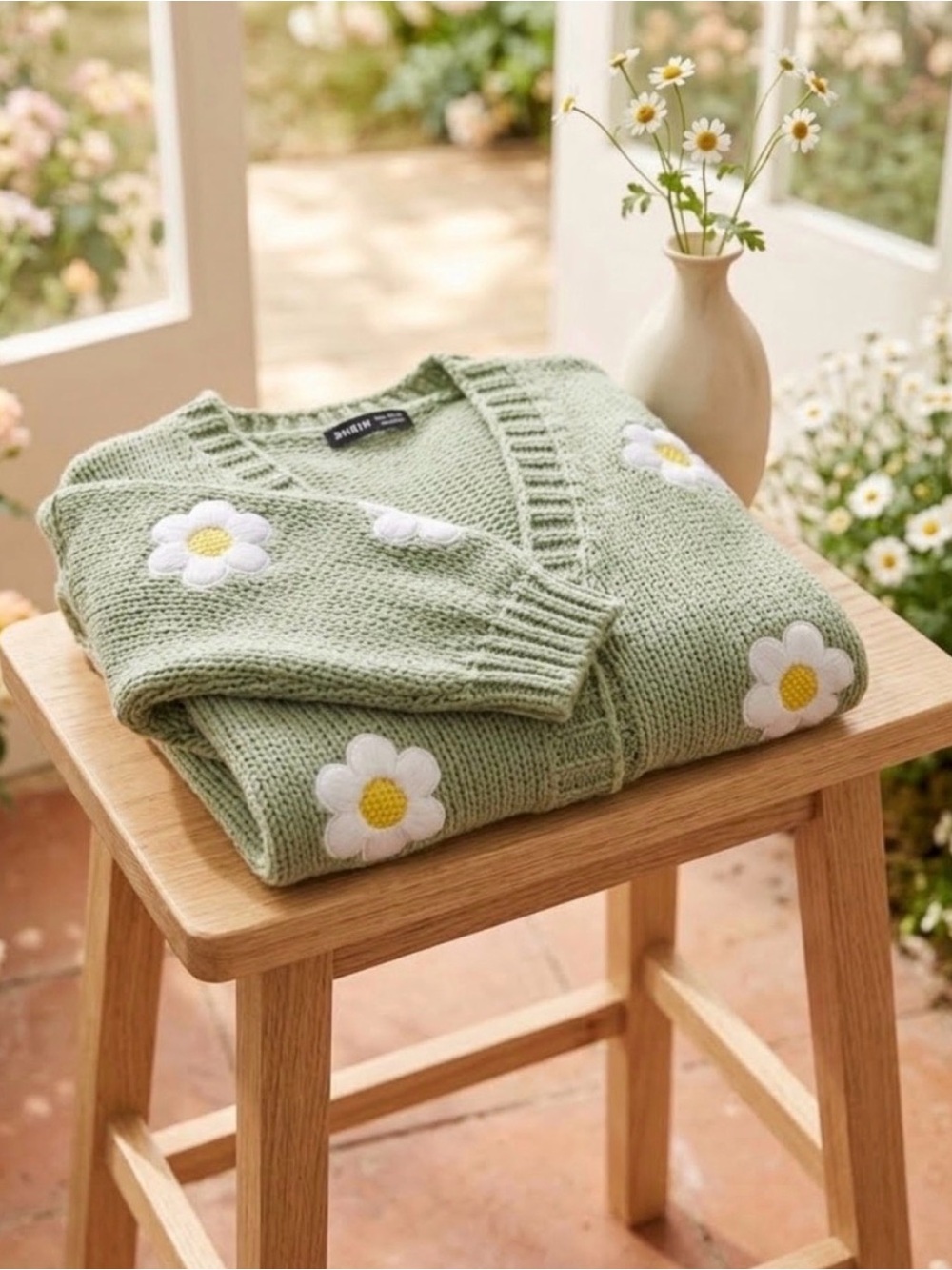 SHEIN Sage Green Cropped Cardigan with White & Yellow Daisy Appliqués
